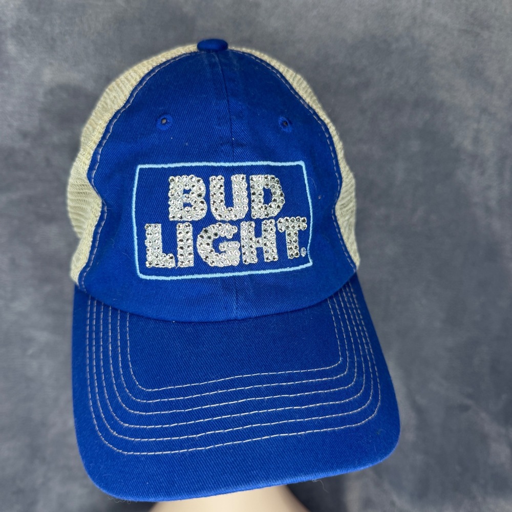 Sportsman Bud Light‎ Trucker Hat Women OS Blue Rhinestone Bling Mesh Back Cap